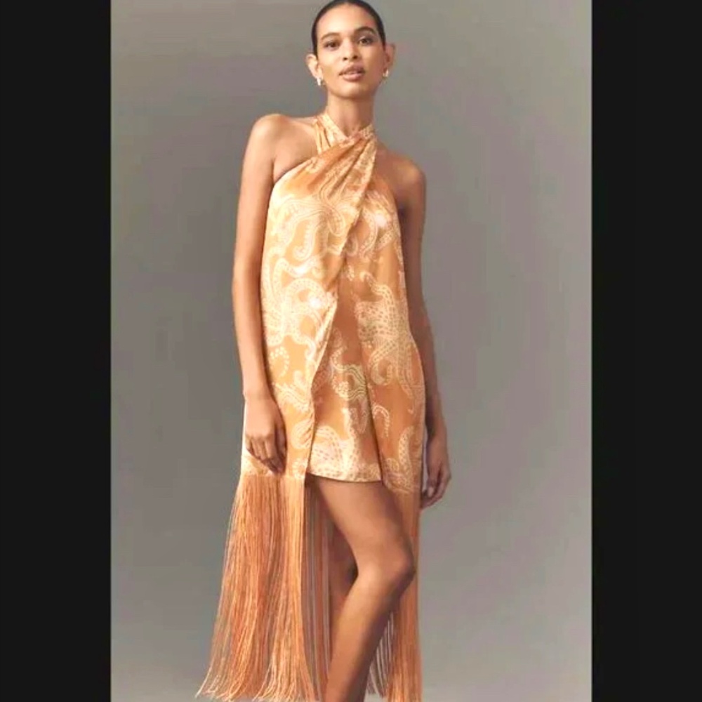 NWT Farm Rio X Anthropologie Halter Fringe Satin  Mini Dress XS ~ Chic!